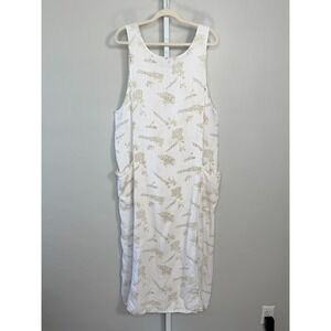Vintage Marc Ware Linen Maxi Dress Sleeveles White Floral Lagenlook Cottage 2X